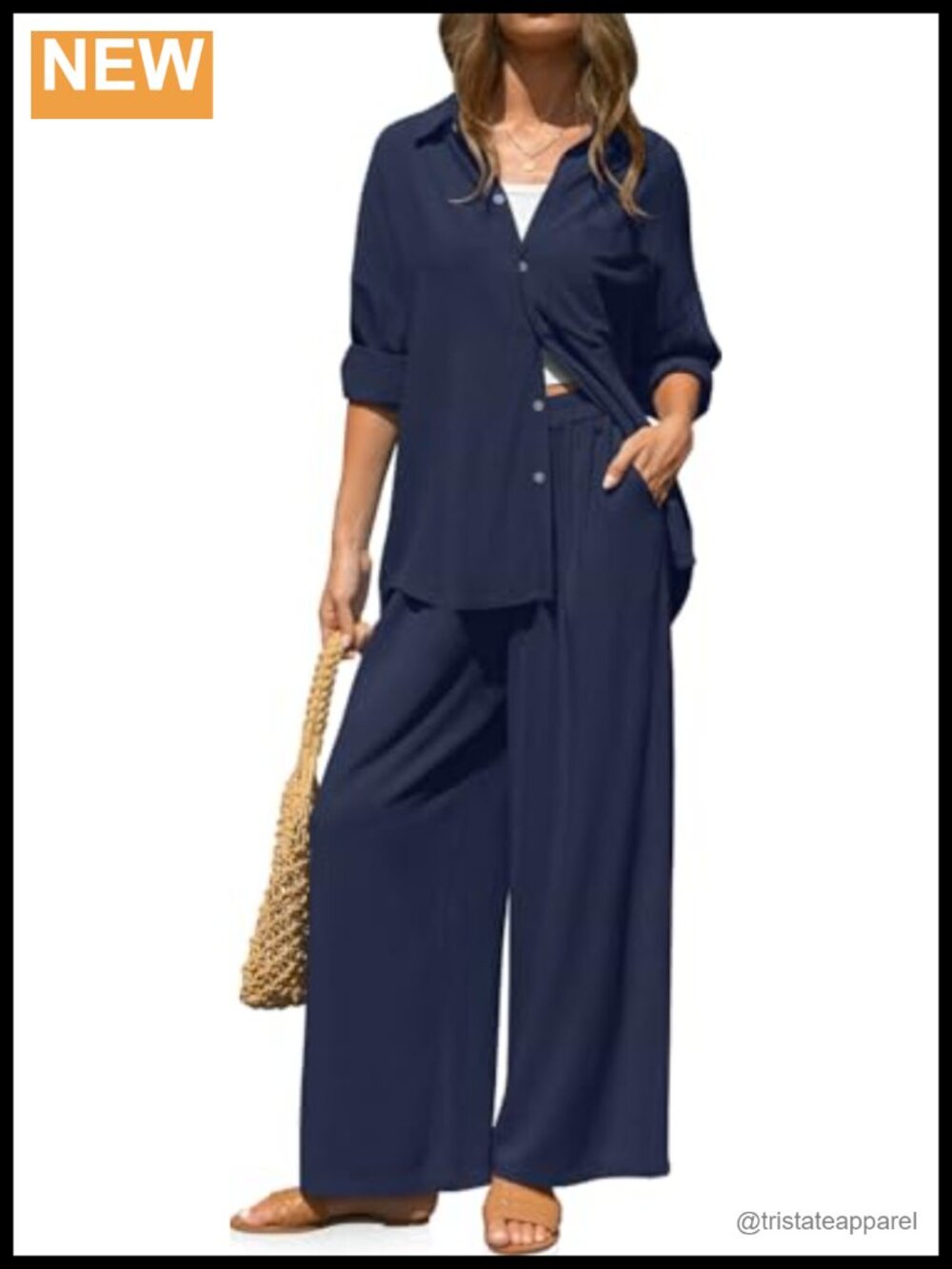Linen 2 Piece Outfit Button Down Shirt Wide Leg Pants Lounge Set